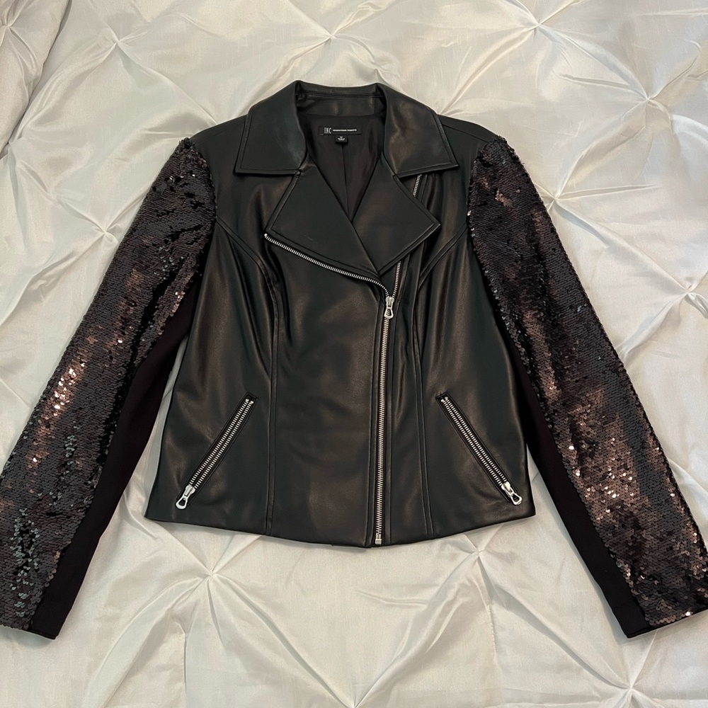 INC Women’s Sequined Faux Leather Moto Jacket - Size M